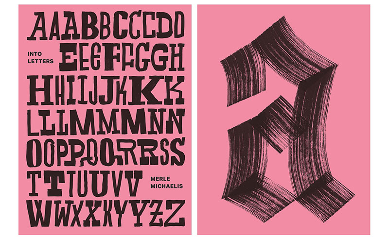 Das pinkfarbene Plakat "INTO LETTERS" von Merle Michaelis zeigt links das Alphabet in grober Schrift und rechts einen stilisierten Kleinbuchstaben A.