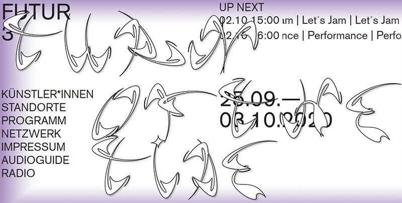 Dieses digitale Plakat, gestaltet in Lila und Weiß, kündigt "FUTUR 3" an, ein Event mit Künstlern, Standorten und Programm vom 27.09. bis 03.10.2020.