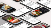 Auf einer weißen Oberfläche sind mehrere Smartphones ausgelegt, die eine Rezept-App mit Bildern und Texten zu verschiedenen Brotaufstrichen anzeigen.
