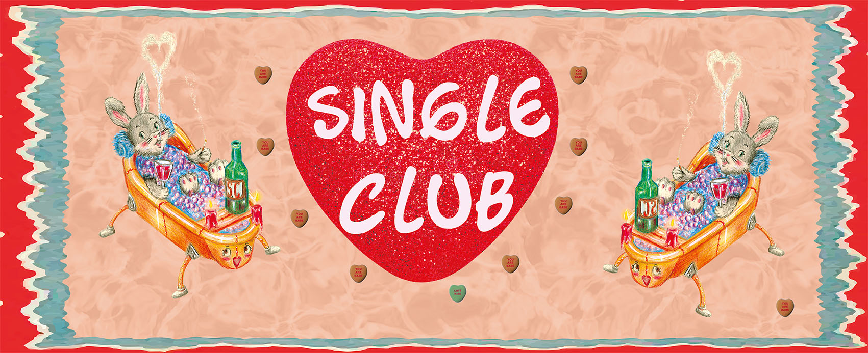 Illustration mit zwei badenden Hasen in bunten Wannen, einem roten Herz mit der Aufschrift „Single Club“ und Herzbonbons.