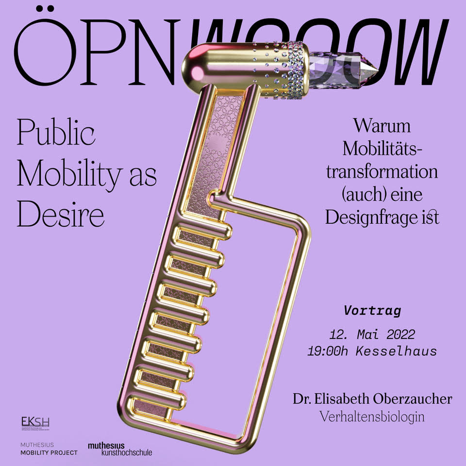 Auf lila Hintergrund ist ein goldener, stilisierter Schlüssel sowie Text zur Mobilitäts- und Designveranstaltung zu sehen.