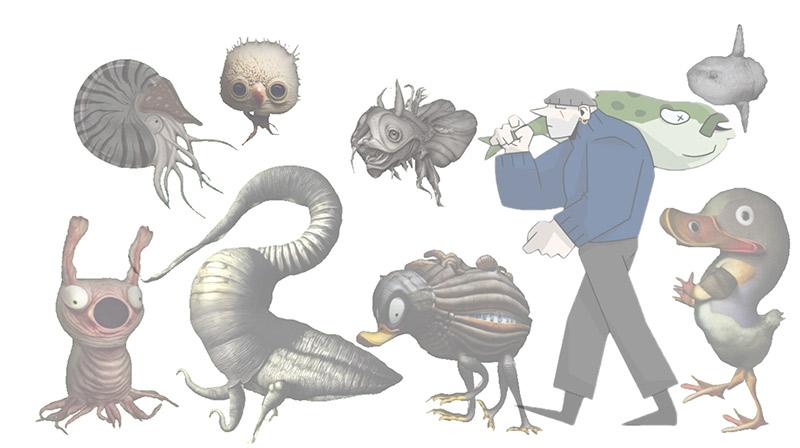 Eine digitale Illustration zeigt eine Sammlung verschiedener skizzenhafter Figuren, darunter Meerestiere, vogelähnliche Kreaturen und eine stilisierte menschliche Figur, die einen Fisch trägt.