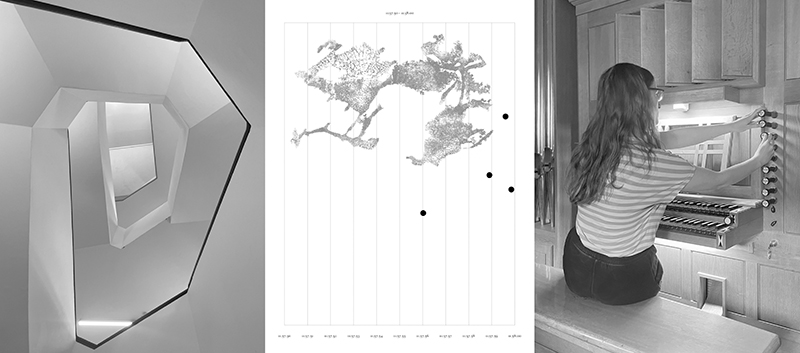 Schwarz-weiß-Collage einer experimentellen Notation und aus Fotografien, die eine Musikerin an einer Orgel sitzend zeigt