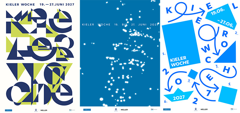 Die Grafik zeigt drei Entwürfe für ein Plakat der Kieler Woche